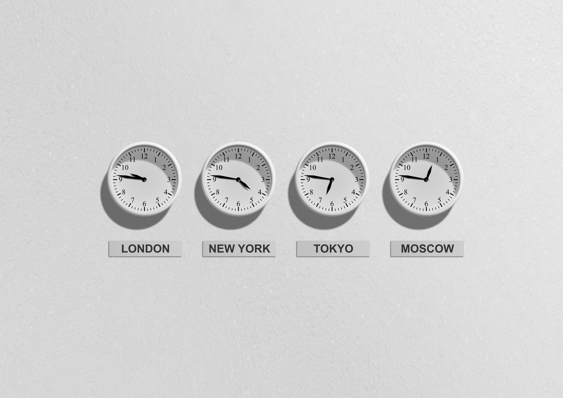 異なる都市の時刻を示す複数の時計